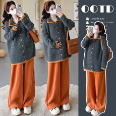 批发实拍孕妇秋冬舒适慵懒风撞色设计感开衫毛衣复古孕妇阔腿裤加绒