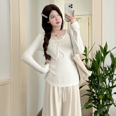 批发实拍孕妇打底衫<b class='q'>冬</b>长袖温柔风白色蕾丝拼接V领内搭蝴蝶结显瘦上衣