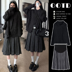 现现 孕 毛衣套装慵懒风毛衣外套冬季复古格子百褶孕妇半身裙