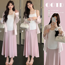 实拍现温柔风孕妇套装春蕾丝花边吊带粉衬衫外套托腹半身裙小个子