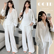 实拍现老钱风孕妇套装高级感衬衫外套春宽松休闲阔腿裤两件套大码