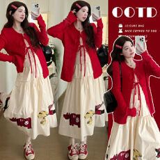 实拍现孕妇套装小众风长袖T恤针织外套温柔风半身裙两件套装女