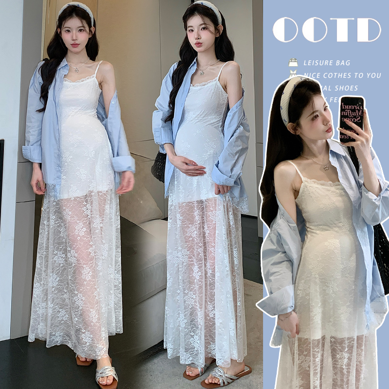 실사 지금 임산부 드레스 봄 섹시함 레이스 슬립 드레스 레이스 조각 셔츠 긴팔 투피스 세트