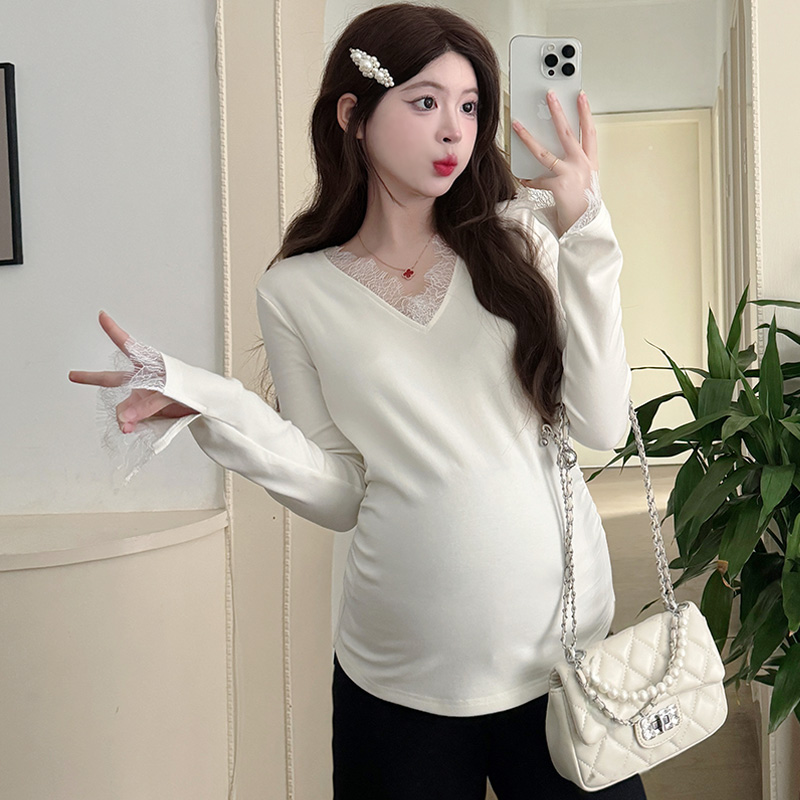실사 지금 임산부 티셔츠 긴팔 출산 착용 봄 드레스 만나는 맨위 레이스 조각 슬림해 보이는 섹시함 임산부 맨위