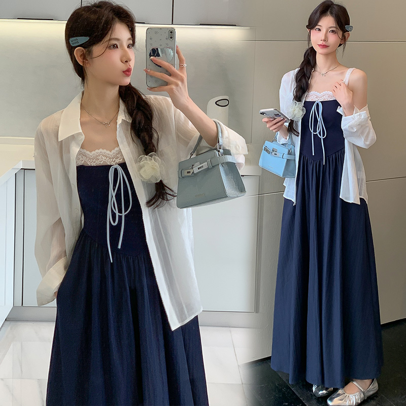 실사 지금 임산부 드레스 봄 레이스 레이스 패치워크 슬립 드레스 화이트 셔츠 세트 드레스 섹시함 패션