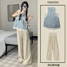 批发孕妇<b class='q'>装</b>夏<b class='q'>装</b>套<b class='q'>装</b>蕾丝拼接设计感牛仔上衣<b class='q'>宽松</b>无袖娃娃衫