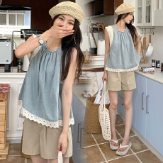 有货 孕妇装夏装上衣短袖甜妹花边拼接牛仔上衣减龄显瘦短款上衣