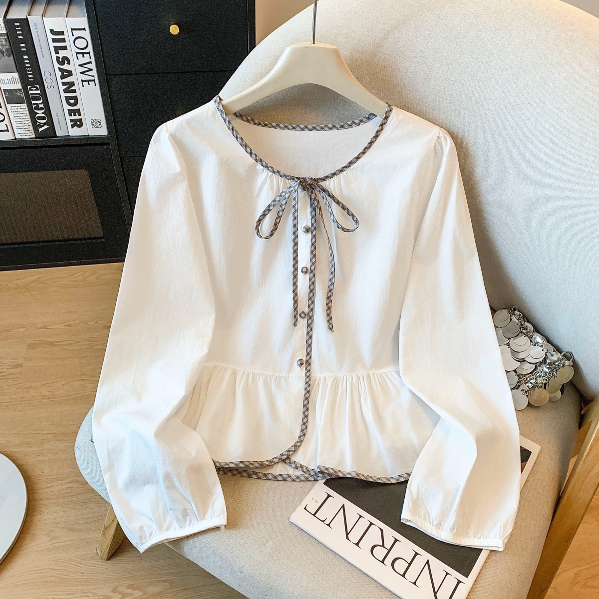 MY16164# 法式蝴蝶结系带撞色长袖衬衫女春季新款宽松显瘦设计感减龄上...