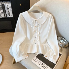 批发娃娃领系带长袖衬衫木耳边时尚百搭上衣