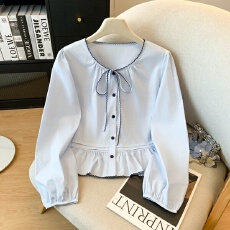 批发圆领系带蝴蝶结<b class='q'>刺绣</b>长袖<b class='q'>衬衣</b>春季新款时尚百搭上衣