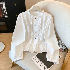 批发时尚韩版木耳边长袖衬衫蕾丝花边荷叶边下摆洋气上衣