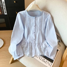 批发韩版洋气蕾丝花边圆领衬衫春季新款抽褶荷叶边上衣