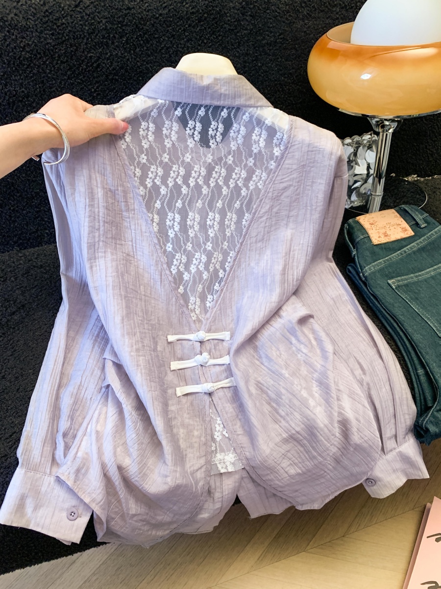 여름 새로운 레이스 조각 폴로 칼라 긴팔 여성 셔츠 디자인 센스 외부 가져 가라. 자외선 차단 의류 오픈 가디건