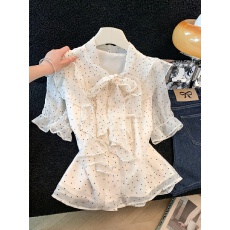 批发法式甜美蝴蝶结系带<b class='q'>波点</b>雪纺短袖<b class='q'>衬衫</b>夏季新款洋气减龄宽松上衣