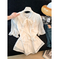 批发法式甜美蝴蝶结系带<b class='q'>雪纺</b>短袖衬衫夏季新款洋气减龄宽松上衣