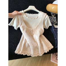 批发甜美风针织吊带背心<b class='q'>短袖</b><b class='q'>T</b><b class='q'>恤</b>叠穿女夏季新款钩花镂空两件套上衣