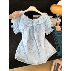 批发<b class='q'>夏季</b>独特漂亮减龄圆领一字肩两穿短袖<b class='q'>雪纺衫</b>显瘦遮肚衬衫上衣