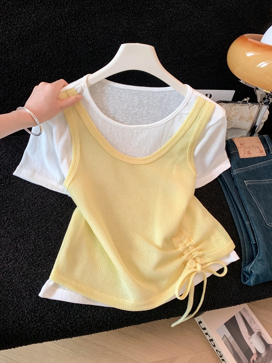 패션 라운드 넥 반팔 니트 스웨터 여름 새로운 페이크 레이어드 펌프 로프 디자인 패치워크 센스 프로 피부 통기성 티셔츠 맨위