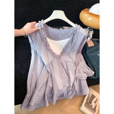 批发木耳边V领长袖衬衫法式设计感夏季新款防晒衣两件套上衣