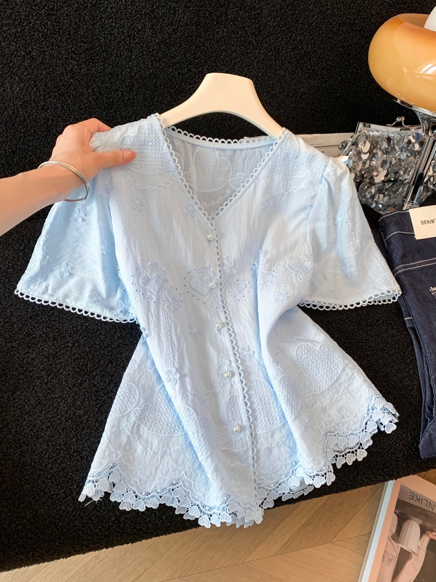 디자인 센스 자카드 자수 반팔 여성 셔츠 여름 슈퍼 잘 생긴 외국 가스 Chic 레이스 작은 셔츠 맨위