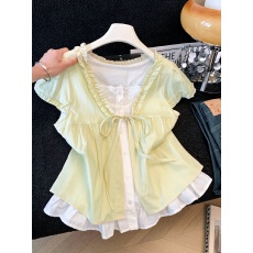 批发木耳边花边短袖衬衫女夏季小清新<b class='q'>甜美</b>减龄假两件遮肚娃娃衫