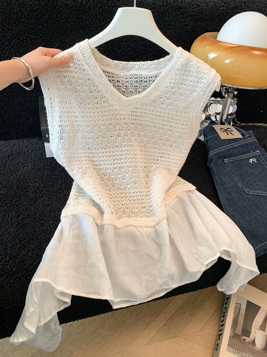 한 부서 패션 V넥 불규칙 패치워크 니트 조끼 여성 여름 새로운 홀로우 아웃 통기성 스택 착용 맨위