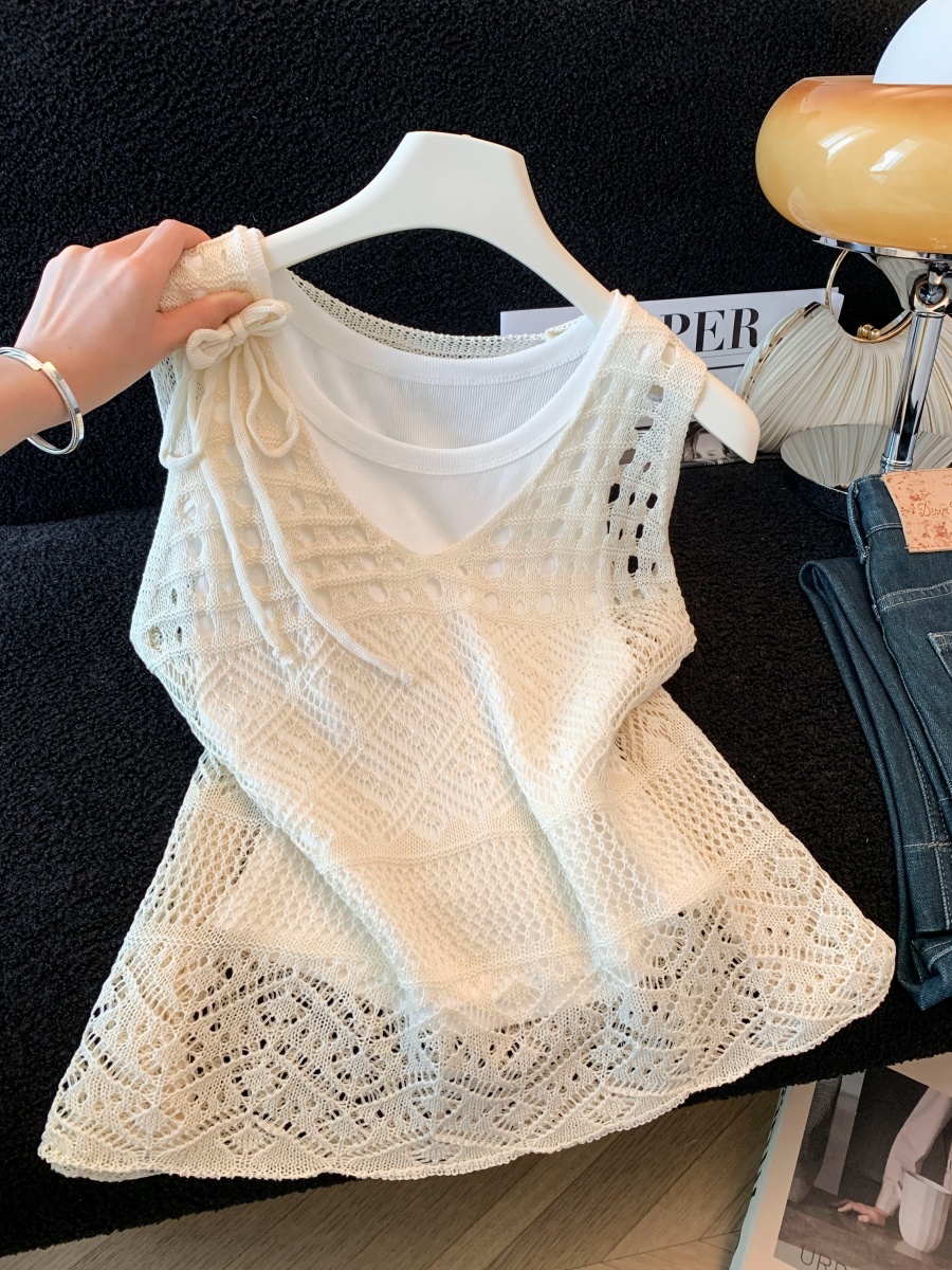 여름 새로운 작은 대중 디자인 센스 패션 홀로우 아웃 니트 블라우스 맨위 캐미솔 투피스 세트