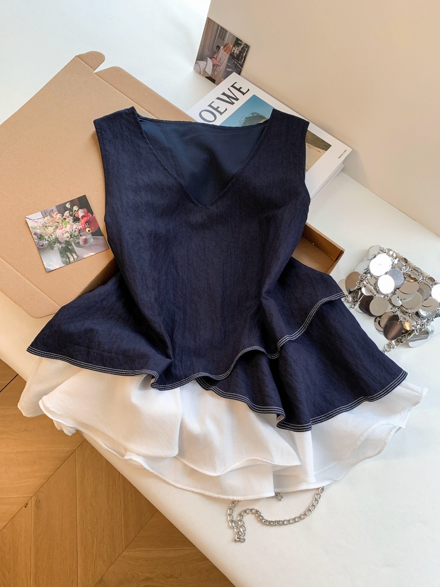 페이크 레이어드 패치워크 민소매 여성 셔츠 여름 불규칙 배색 Chic 슬림해 보이는 V넥 맨위