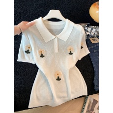 批发韩系Polo领针织短袖T恤女夏季新款花朵刺绣宽松百搭显瘦上衣