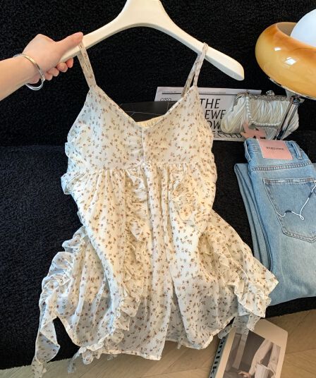한 부서 연령 감소 디자인 센스 프릴 꽃무늬 슬립 여름 새로운 루즈핏 슬림해 보이는 불규칙 쉬폰 톱