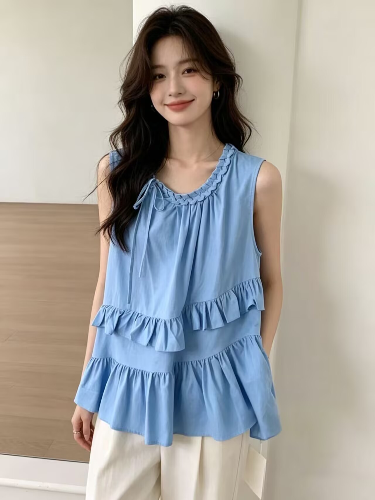 여름 새로운 디자인 센스 작은 대중 달콤함 민소매 단색 셔츠 여성 셔츠 조끼 작은 셔츠