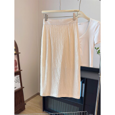 批发夏季新款高腰褶皱半身裙女简约<b class='q'>百搭</b>米色中长款A字裙显瘦垂感裙子