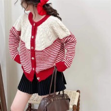 批发韩系红色条纹针织<b class='q'>开衫</b>女秋冬慵懒风长袖圆领外套超好看毛衣外套潮