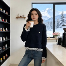 批发小兔绒<b class='q'>长袖</b>上衣针织衫女秋冬刺绣花甜美蕾丝圆领保暖毛衣