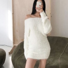 韩国东大门代购新款马海毛斜领露肩针织连衣裙女修身气质包臀裙