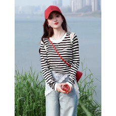 批发圆领长袖防晒露肩条纹针织衫女2025春<b class='q'>夏</b>新款宽松百搭冰丝针织上衣