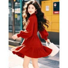 批发圣诞红新年红<b class='q'>泡泡袖</b>红色针织<b class='q'>连衣裙</b>秋冬季收腰A字蓬蓬娃娃裙