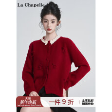 批发韩系复古红色新年蝴蝶结<b class='q'>蕾丝</b>毛衣外套女春秋冬小香风长袖针织开衫