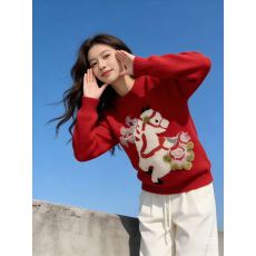 批发ED高圆圆同款2026春新款小马装饰<b class='q'>毛衣</b>新年氛围感时髦红色<b class='q'>针织衫</b>