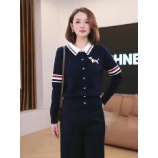 批发高端轻奢大码女装秋季新款韩版学院风藏青色翻领宽松长袖<b class='q'>针织</b><b class='q'>开衫</b>