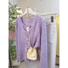 批发紫色镂空温柔慵懒风薄款外搭法式上衣短款针织开衫毛衣外套女春<b class='q'>夏</b>