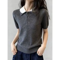 批发撞色翻领精致韩版针织衫超好看减龄百搭短袖上衣春装显瘦柔软小衫