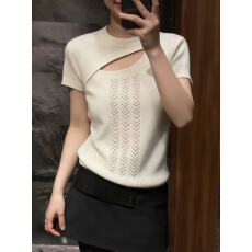 批发MISS大码自制白色圆领镂空花纹时髦短袖T恤2026夏季新款洋气上衣