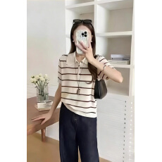 批发春季新款时尚百搭半拉链套头条纹针织衫女显瘦柔软亲肤短袖打底杉