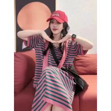 批发欧货宽松减龄粉色条纹韩系气质<b class='q'>中长款</b>连衣裙女高级感漂亮裙子夏季