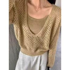 批发十三行爆款慵懒镂空V领针织衫女春装宽松<b class='q'>假两件</b>叠穿罩衫<b class='q'>上衣</b>