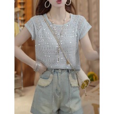 批发设计感重工亮片镂空圆领针织t恤女2025夏季新款薄款休闲短袖上衣