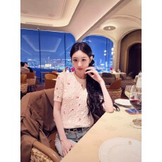 批发2026春季新品高级感玫瑰花刺绣针织短袖上衣女修身显瘦圆领毛衣女