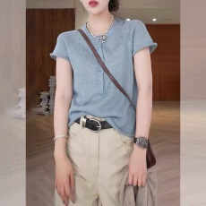 批发圆领半开扣套头短袖薄款针织衫女2026夏季爆款宽松显瘦休闲风上衣