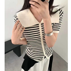 批发夏季新款大翻领条纹针织衫女装短袖修身显瘦单排扣通勤风上衣开衫